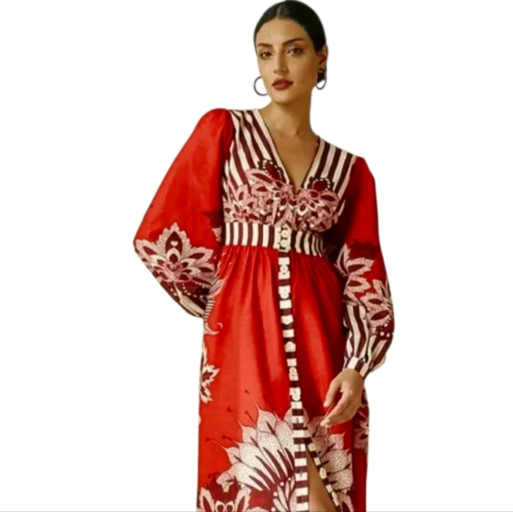 FARM Rio Red and White Floral Stripe Long Sleeve Dress